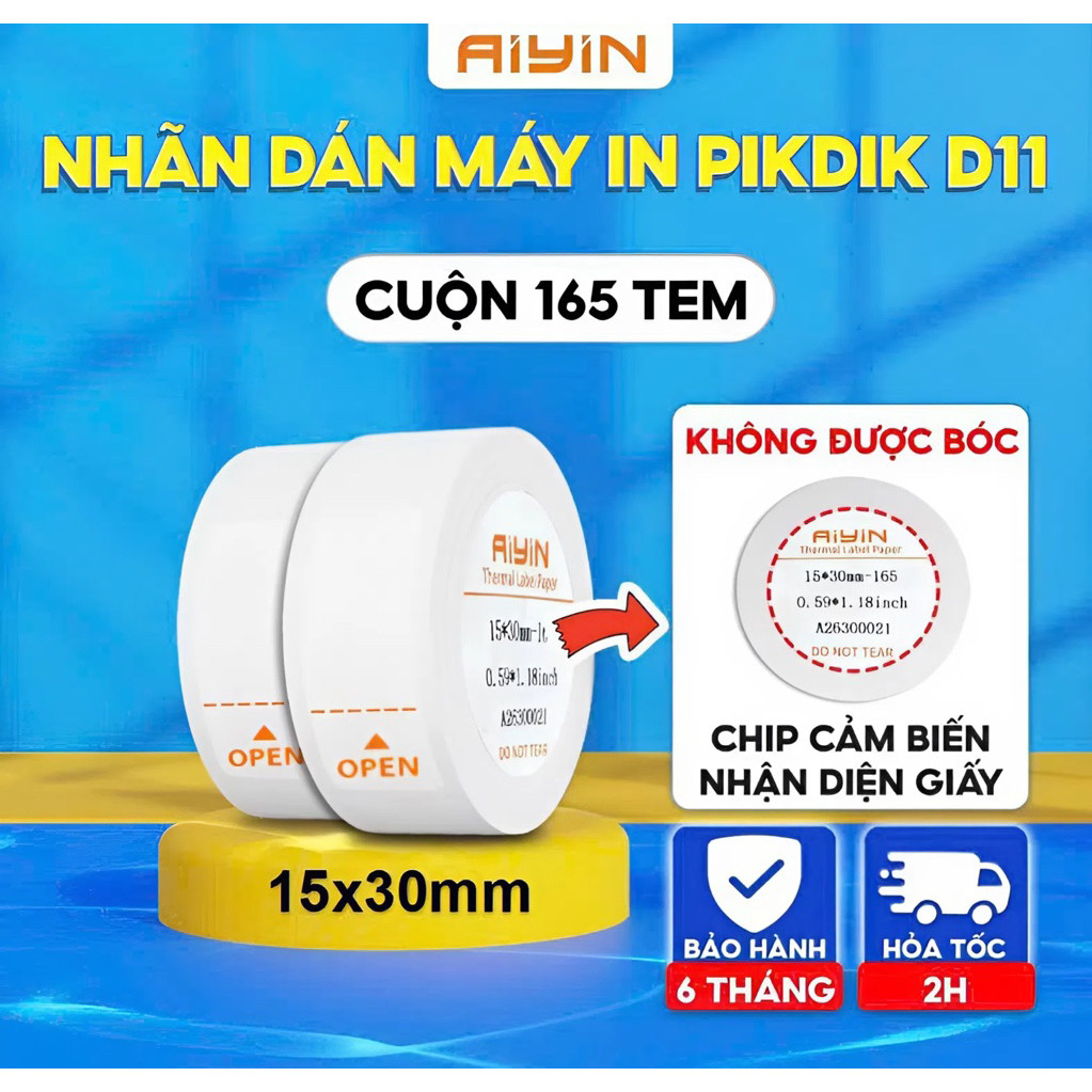 Giấy in tem D11 15x30mm cuộn 165 Tem, dùng cho máy PikDik Aiyin D11 pro cuộn tròn, có keo dính sẵn, 