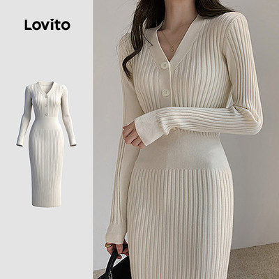 Lovito Đầm len thanh lịch có nút đơn giản mùa thu/đông màu kem cho nữ LNA130033