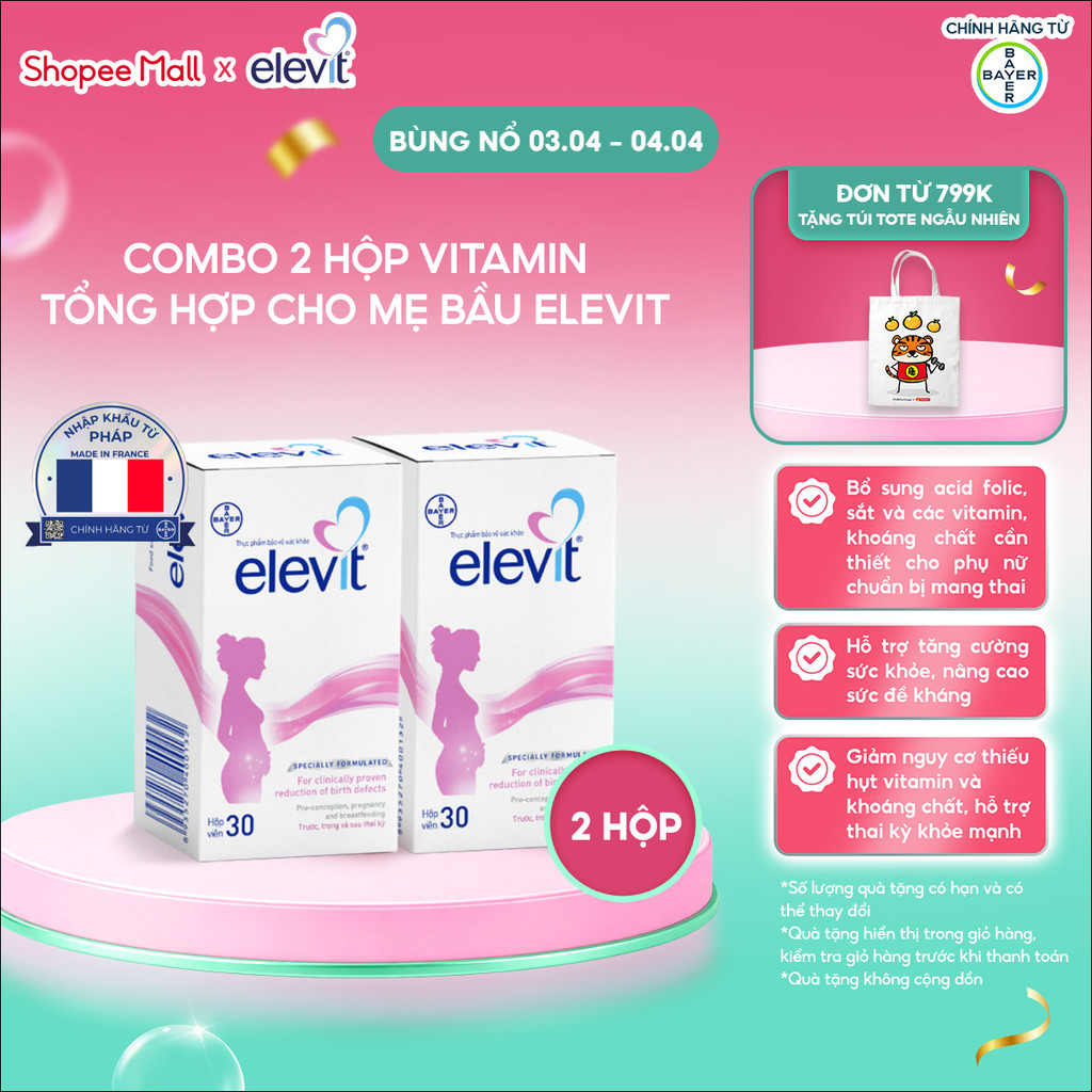 [LS deal] Combo 2 Thực phẩm bảo vệ sức khỏe Elevit bổ sung Acid Folic, Sắt, Canxi, Các Vitamin và Cá