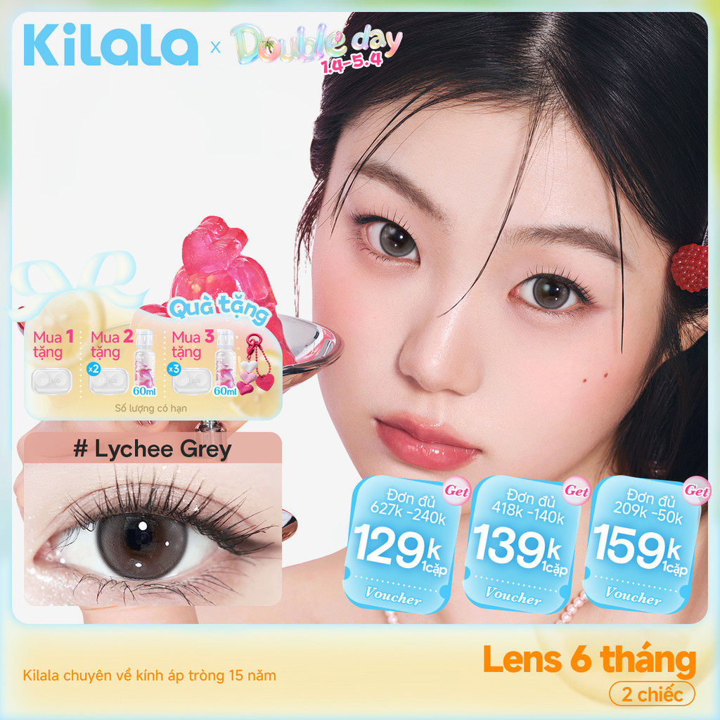 Kính áp tròng Kilala màu xám Lychee Grey lens cận 6 tháng DIA 14.2mm có độ (0-8) 1cặp