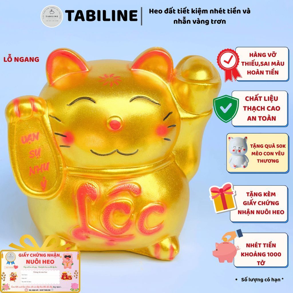 Heo đất ống tiết kiệm tiền lỗ ngang mèo thần tài size to vàng đồng vip LD77 - TABILINE