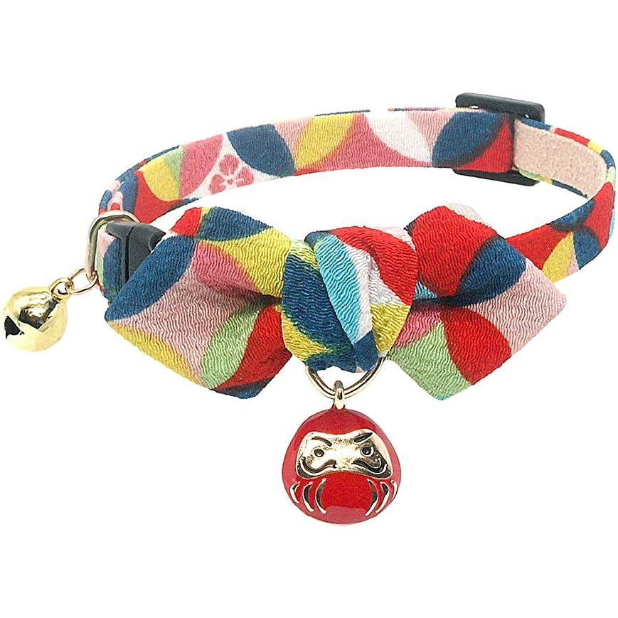 PetSoKoo Vòng cổ mèo nơ hình kim cương có chuông. Nhật Bản Lucky Daruma Charm và vải Crepe in áo kho
