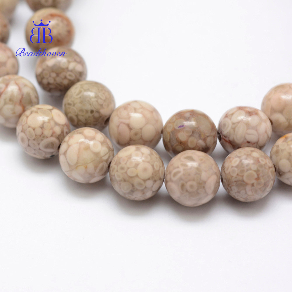 Dây hạt san hô hóa thạch đường kính 8mm, lỗ 1mm, 48 hạt/sợi, chiều dài 15,3 inches (39cm)