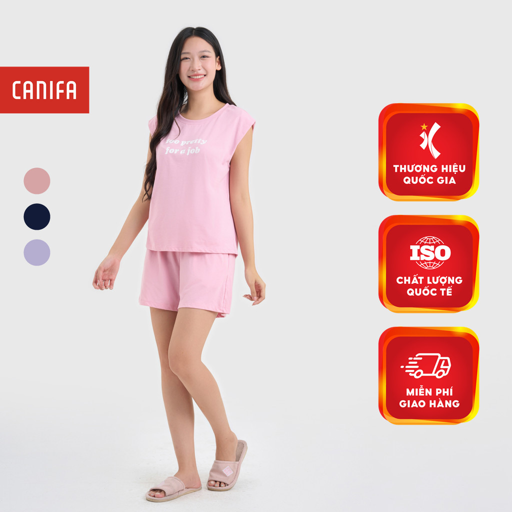 Bộ mặc nhà nữ CANIFA sát nách quần đùi mềm mát có hình in 6LS25S001