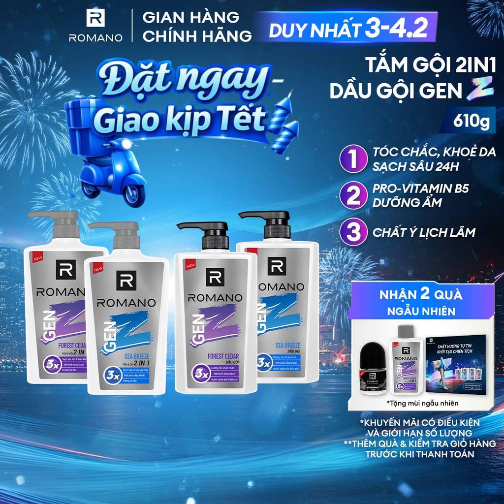 Tắm gội cho nam 2in1 cho nam / Dầu gội nam Romano Gen Z hương Sea Breeze/ Forest Cedar 610g / chai -