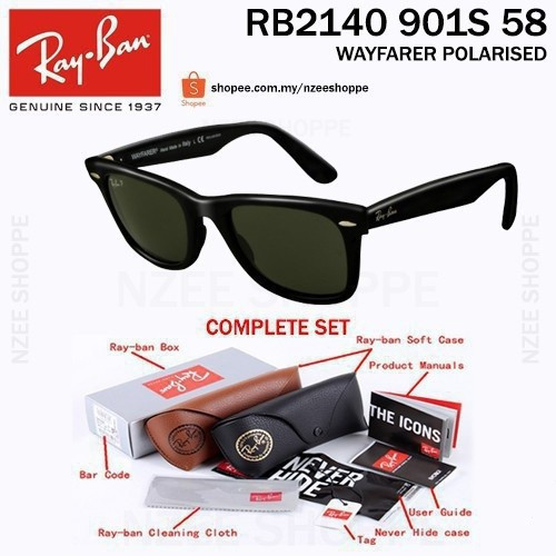 Kính Râm Phân Cực Màu Đen Chính Hãng RB WAYFARER RB2140 901-S 58 Companero