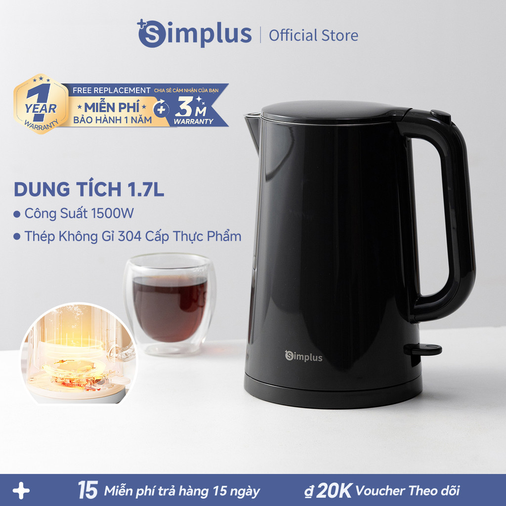 Simplus Ấm Đun Nước Dung Tích 1.7L Công Suất 1500W 2 Lớp Chống Bỏng Drsh007 - Bảo Hành 1 Năm 1 Đổi 1