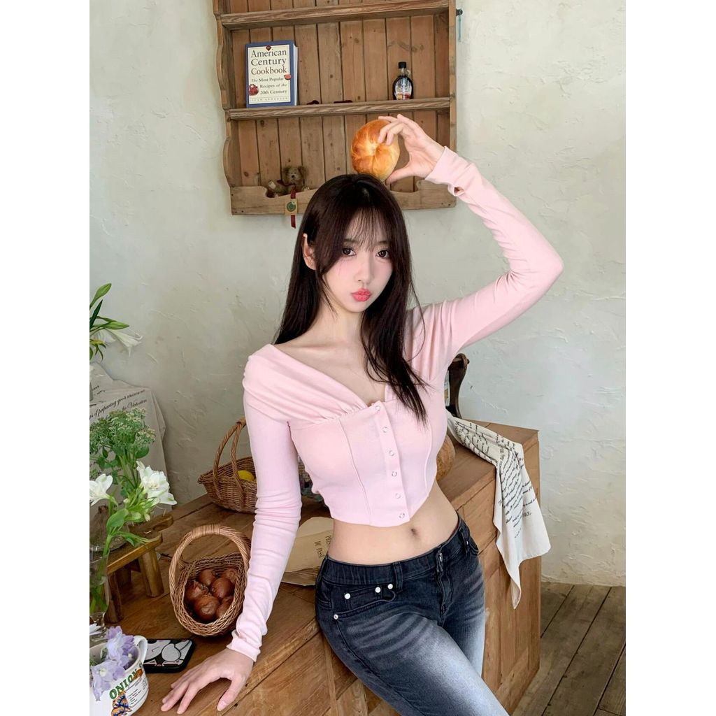 NOTYOURROSE Off-the-shoulder long-sleeve cardigan T Slim-fit casual ballet-style top, same style as 