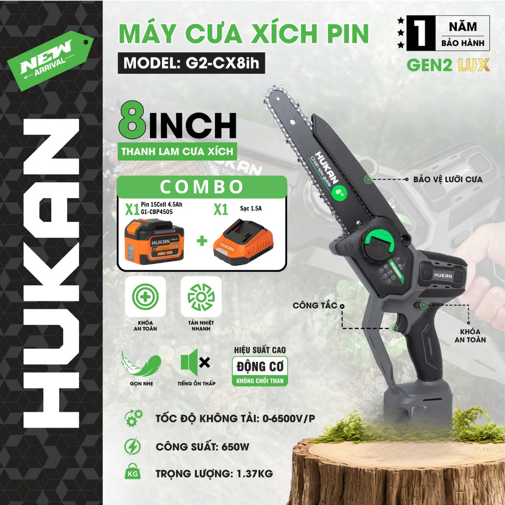 Máy Cưa Xích Pin Hukan G2-CX8ih Động Cơ Không Chổi Than Chân Pin Phổ Thông- HUKAN VIỆT NAM