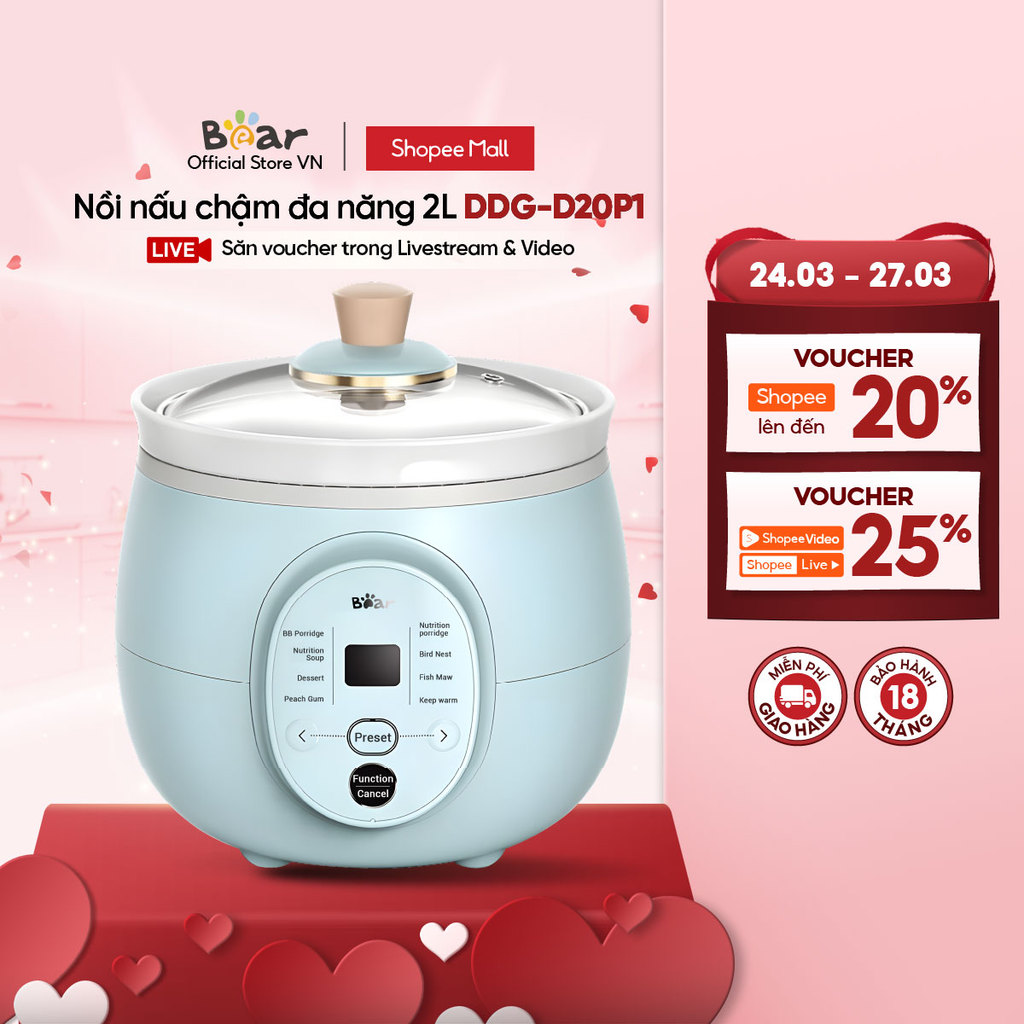 Nồi Nấu Chậm 2L Đa Năng Bear DDG-D20P1 - Chính hãng - Bảo hành 18 tháng