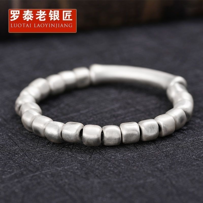 Vòng tay bạc nam Luotai Old Silversmith, bạc sterling 999 đính hạt, thiết kế đơn giản theo xu hướng 