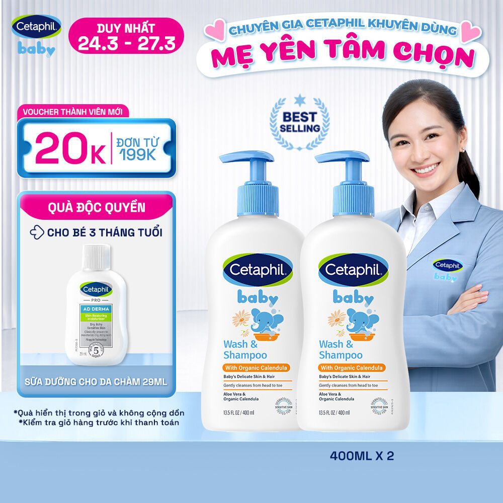 Combo 2 Sữa tắm dưỡng ẩm dịu lành cho bé Calendula hoa cúc hữu cơ CETAPHIL BABY W&SHAMPOO CALENDULA 400ML/chai