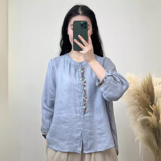 Áo sơ mi nữ vải lanh cotton cổ tròn thêu tay thoáng khí, phong cách mới cho mùa hè