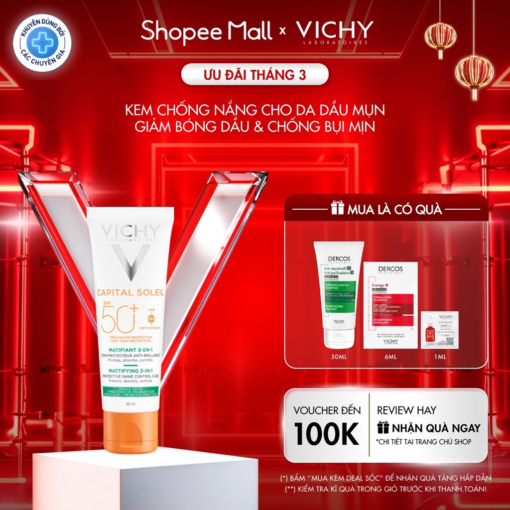Kem Chống Nắng UVA+UVB Chống Bụi Mịn Vichy Spf50+CapitalSoleilMattifying 3in1 50ml
