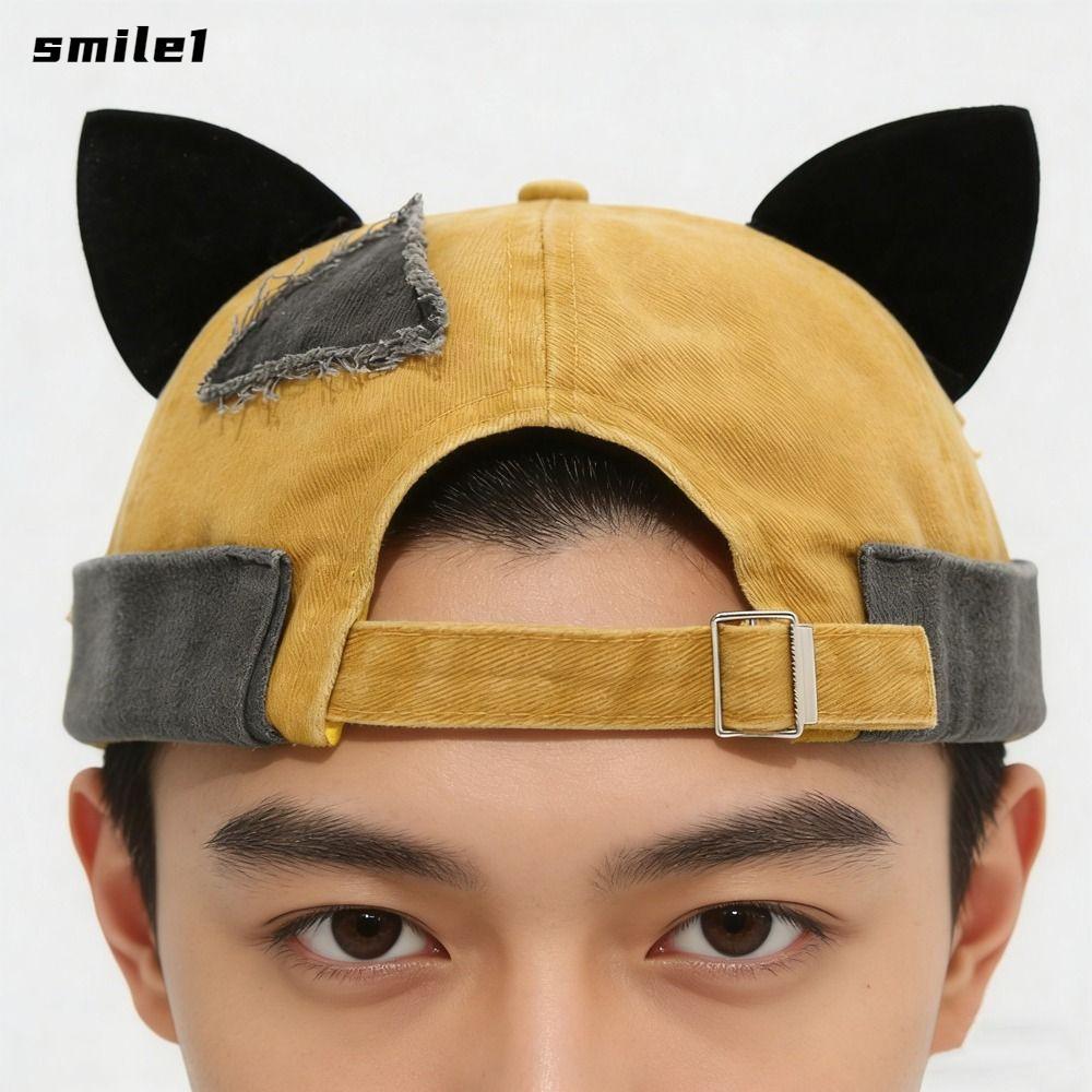 Mũ Docker Dưa SMILE, Mũ Không Vành Hip Hop, Tai Mèo Dễ Thương Thời Trang Màu Trơn Có Thể Điều Chỉnh 