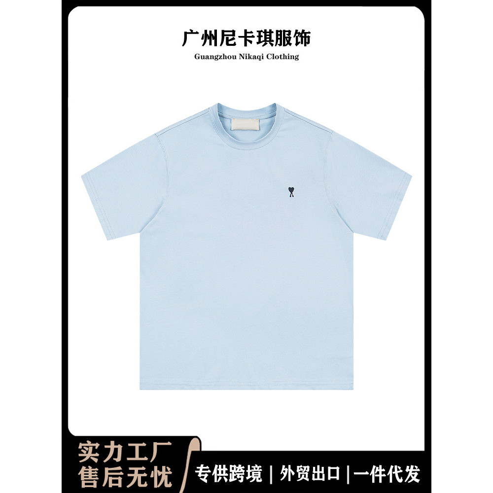 WBUK AM* New classic pure cotton black short-sleeve shirt with small heart embroidery, suitable for 