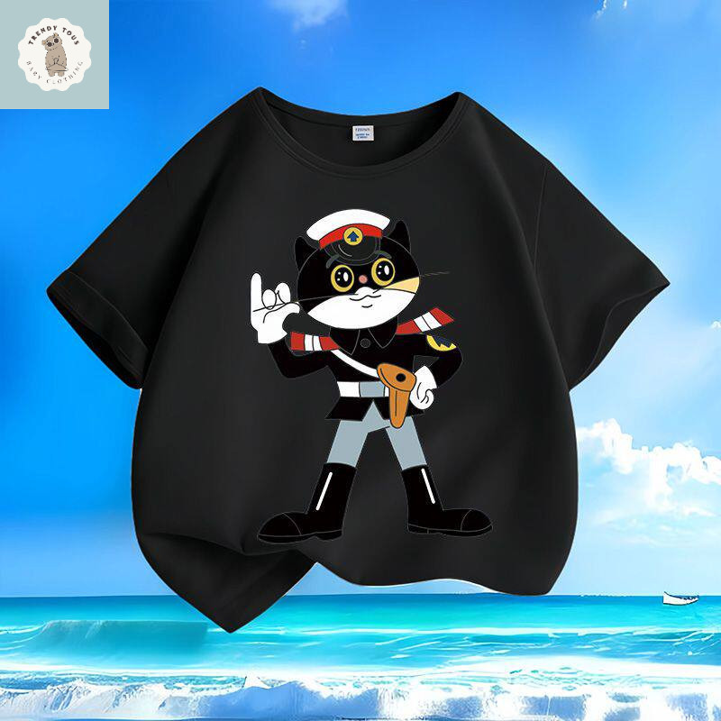 Áo thun bé trai với thiết kế hình chú mèo đen cảnh sát trưởng dễ thương ở một mặt và hình mèo sành đ