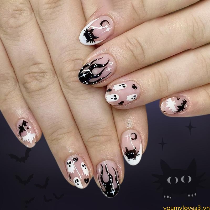 Yml1 24 Cái Full Cover Acrylic Nail Halloween Press on Nail Stick on Nail Stick on Nail for Womens