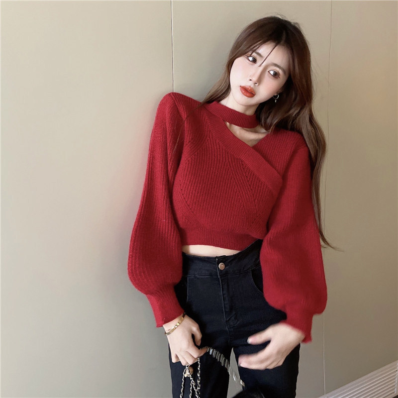 áo croptop len tăm áo croptop len Hãy cẩn thận dây đỏ eo cao ngắn hàng đầu Giáng sinh