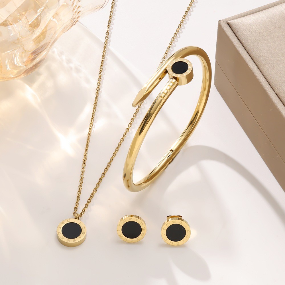 Vòng Cổ và Bông Tai Số La Mã, Phong Cách Đơn Giản, Thép Titan Mạ Vàng 18K