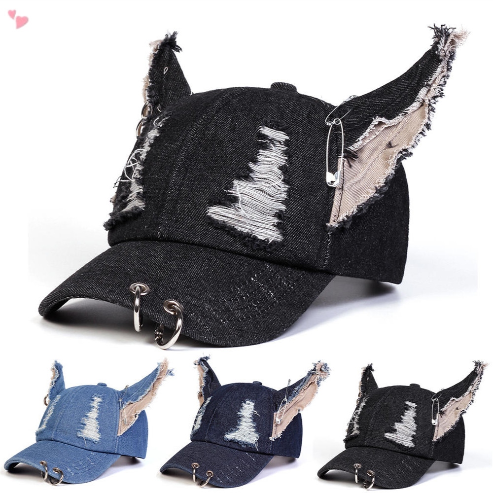 Tai mèo cute mũ bóng chày denim nữ style grunge