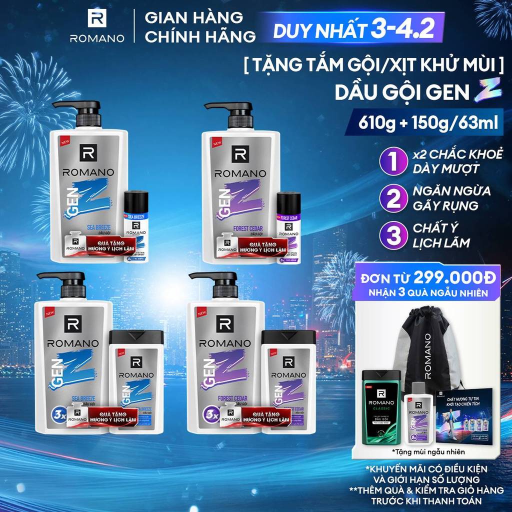 [TẶNG Chai 150G/Xịt 63ml] Dầu gội nam Romano Gen Z hương Sea Breeze/Forest Cedar 610g/chai (Tặng mùi