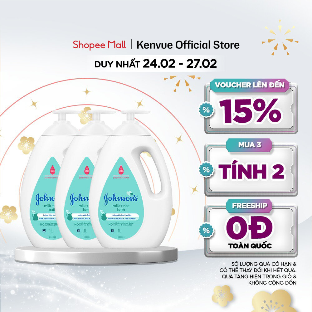 [MUA 3 TÍNH TIỀN 2] Combo 3 Sữa tắm Johnson's Baby Chứa Sữa & Gạo/Sữa Gạo & Yến Mạch/Sữa & Yến Mạch 1000ml/chai