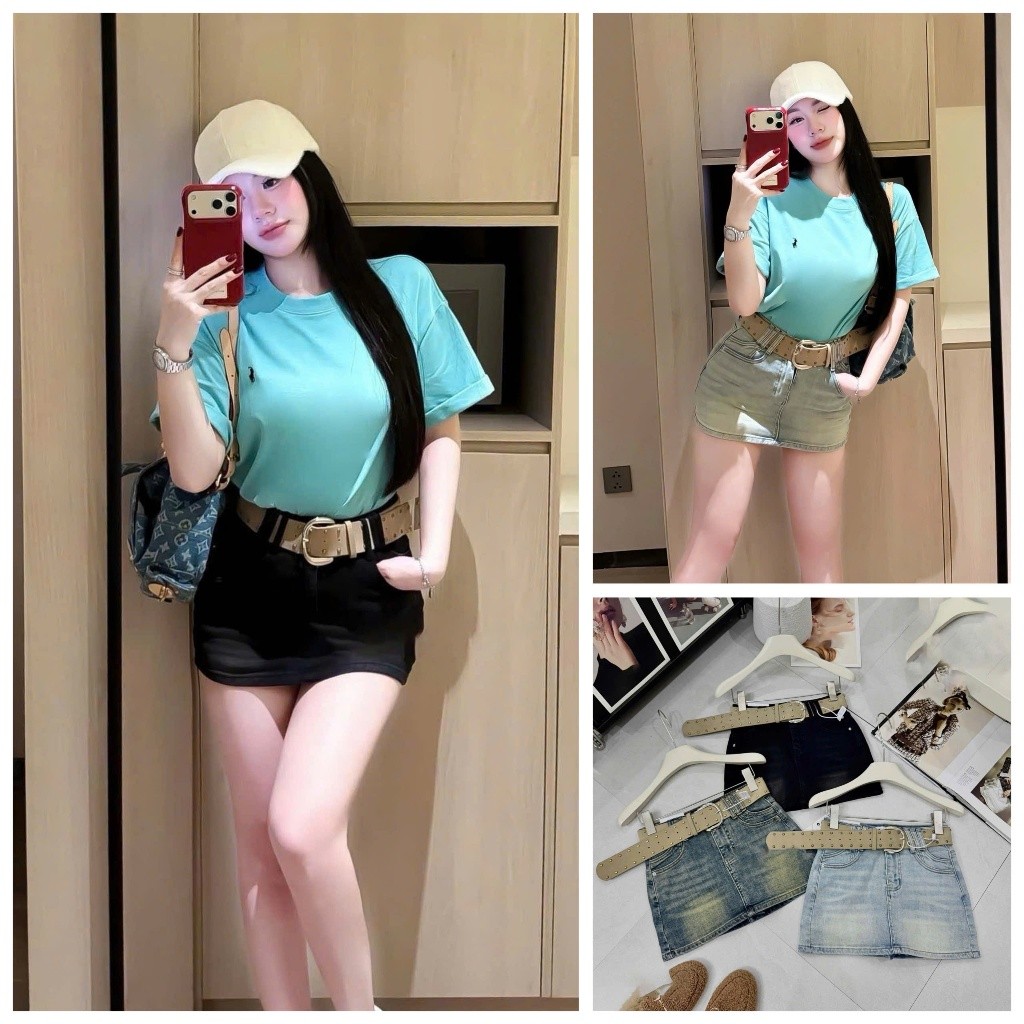 [Follow shop nhận mã 10k] Chân váy jean denim bò chữ A kèm đai đinh Meo Meo Shop QCCC CV0753 5517