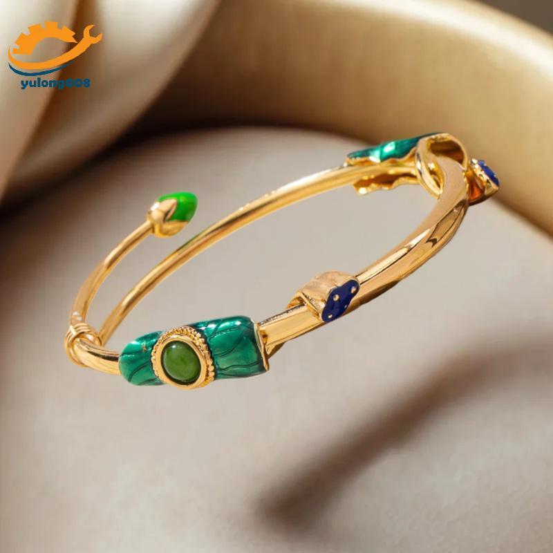 [MR] Vòng tay tông vàng có thể điều chỉnh cổ điển với đá quý xanh xanh Thiết kế hoa thanh lịch Hoàn 