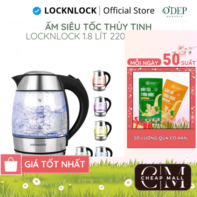 Bình siêu tốc LocknLock 1.8L chọn nhiệt độ sôi Chính hãng, thủy tinh, 2200W đèn LED đổi màu EJK341 -