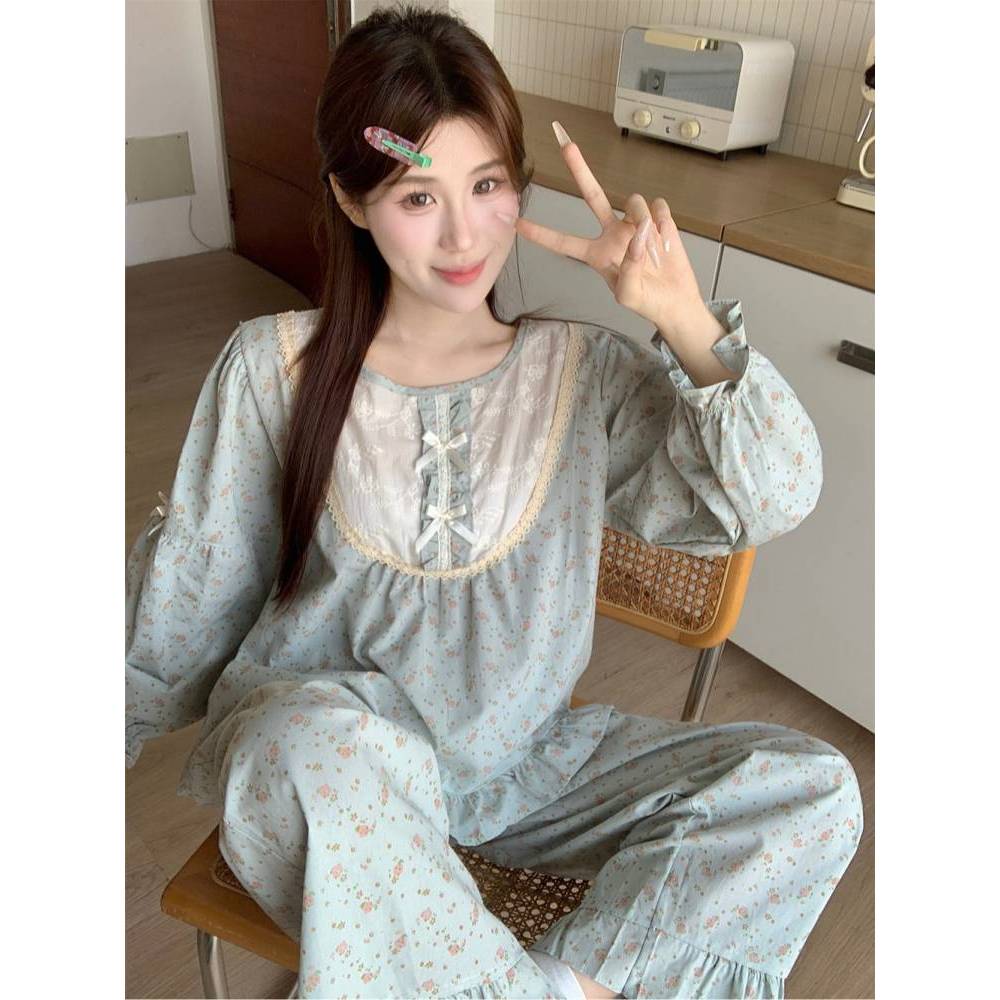 Women's Pajamas Lace Cute Anti-Aging Long-Sleeved Autumn Pajamas Homewear Suit J0IL