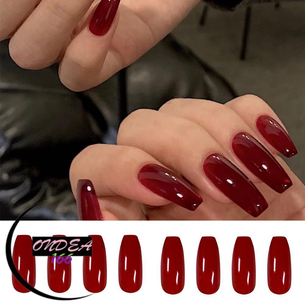 ONDEAL66 24 Cái / hộp Dài Ballerina Móng Tay Giả Thạch Đỏ Quan Tài Nhân Tạo Móng Tay Giả
