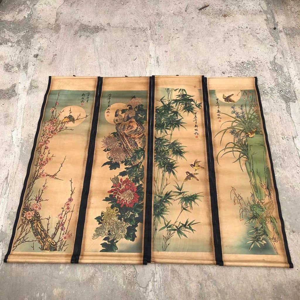 Bộ sưu tập thư pháp và tranh cổ Zheng Banqiao Plum Orchid Tre Hoa Cúc Tranh bốn màn hình Trang trí n