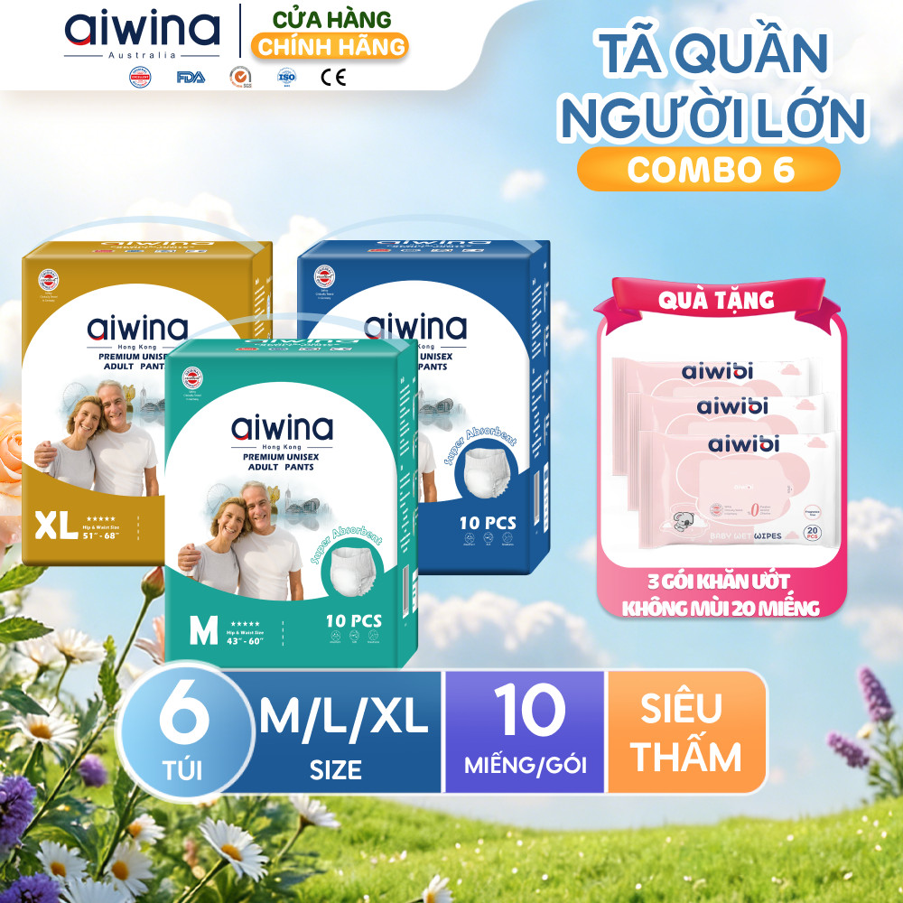 Combo 6 Tã quần người lớn Aiwina siêu thấm hút size M/L/XL túi 10 miếng