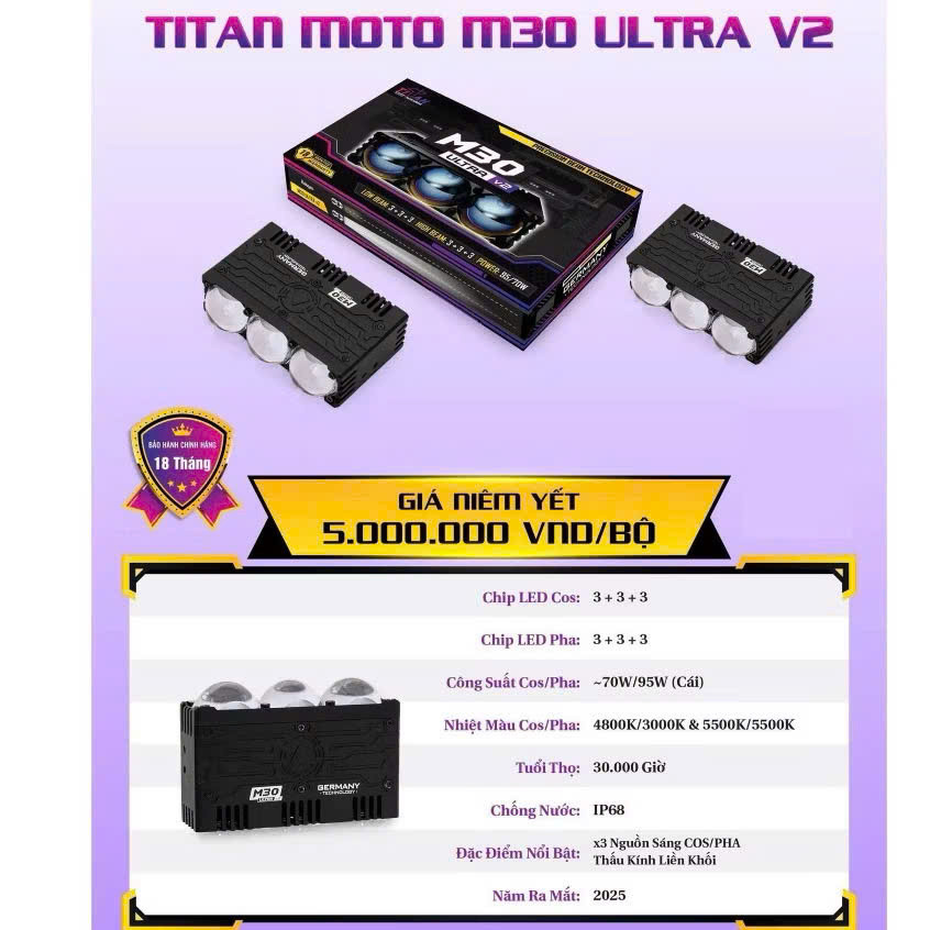 M30 Ultra V2, Đèn Trợ Sáng Titan M30 Ultra V2 Sáng Mịn Bám Đường Tốt , Chống Nước IP68 - BH 18 Tháng