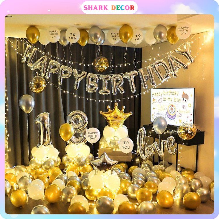 Set bóng bay trang trí sinh nhật MT1216 Tông Vàng Tặng Đèn Led 5 Mét