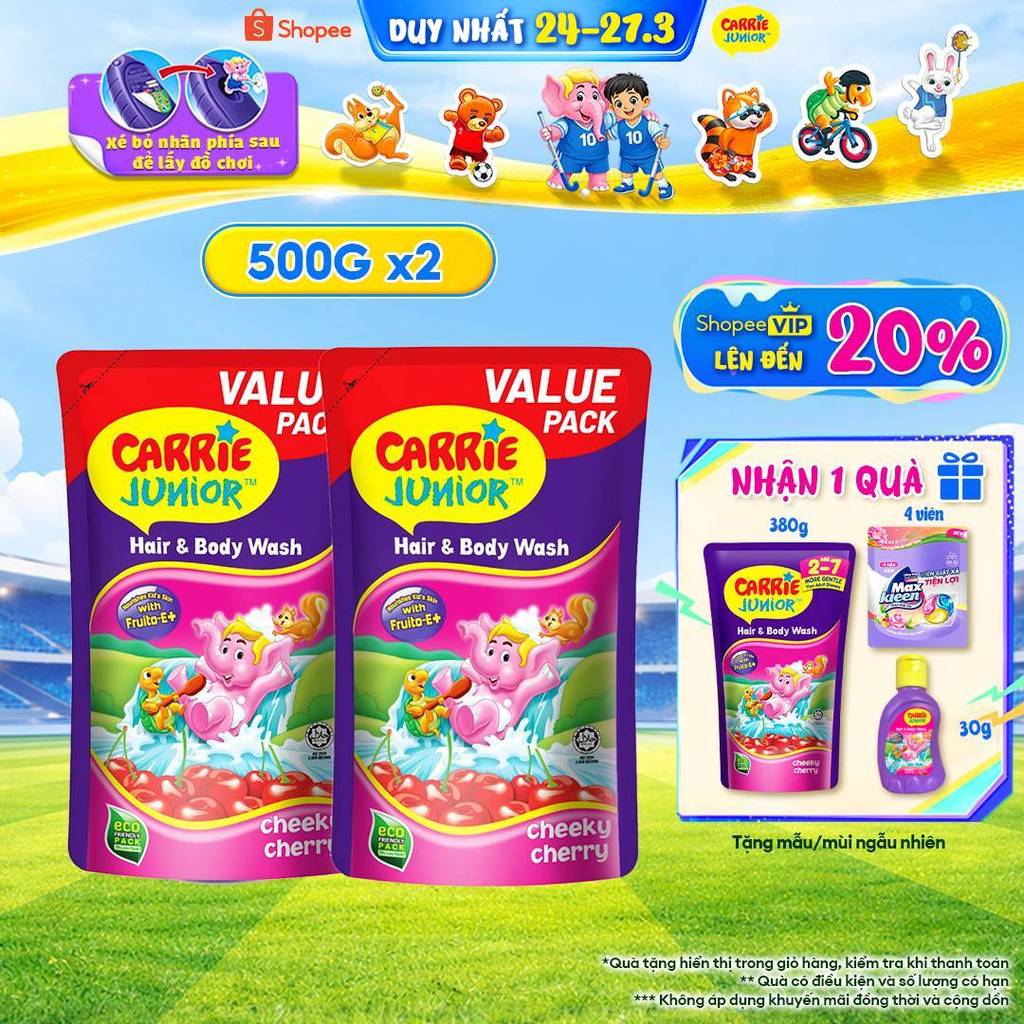 Combo 2 Túi Sữa Tắm Gội Carrie Junior Cho Bé Hương trái cây thiên nhiên Cheeky Cherry (500g x 2)