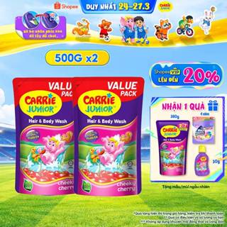 Combo 2 Túi Sữa Tắm Gội Carrie Junior Cho Bé Hương trái cây thiên nhiên Cheeky Cherry (500g x 2)