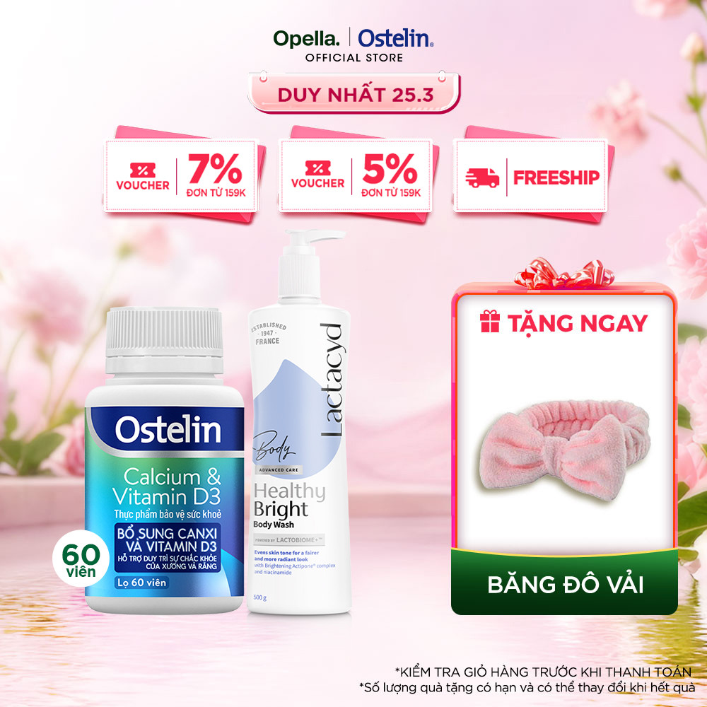 Ostelin Viên Uống Hỗ Trợ Bổ Sung Calcium & Vitamin D3 60 viên + Sữa tắm Lactacyd Healthy Bright 500m