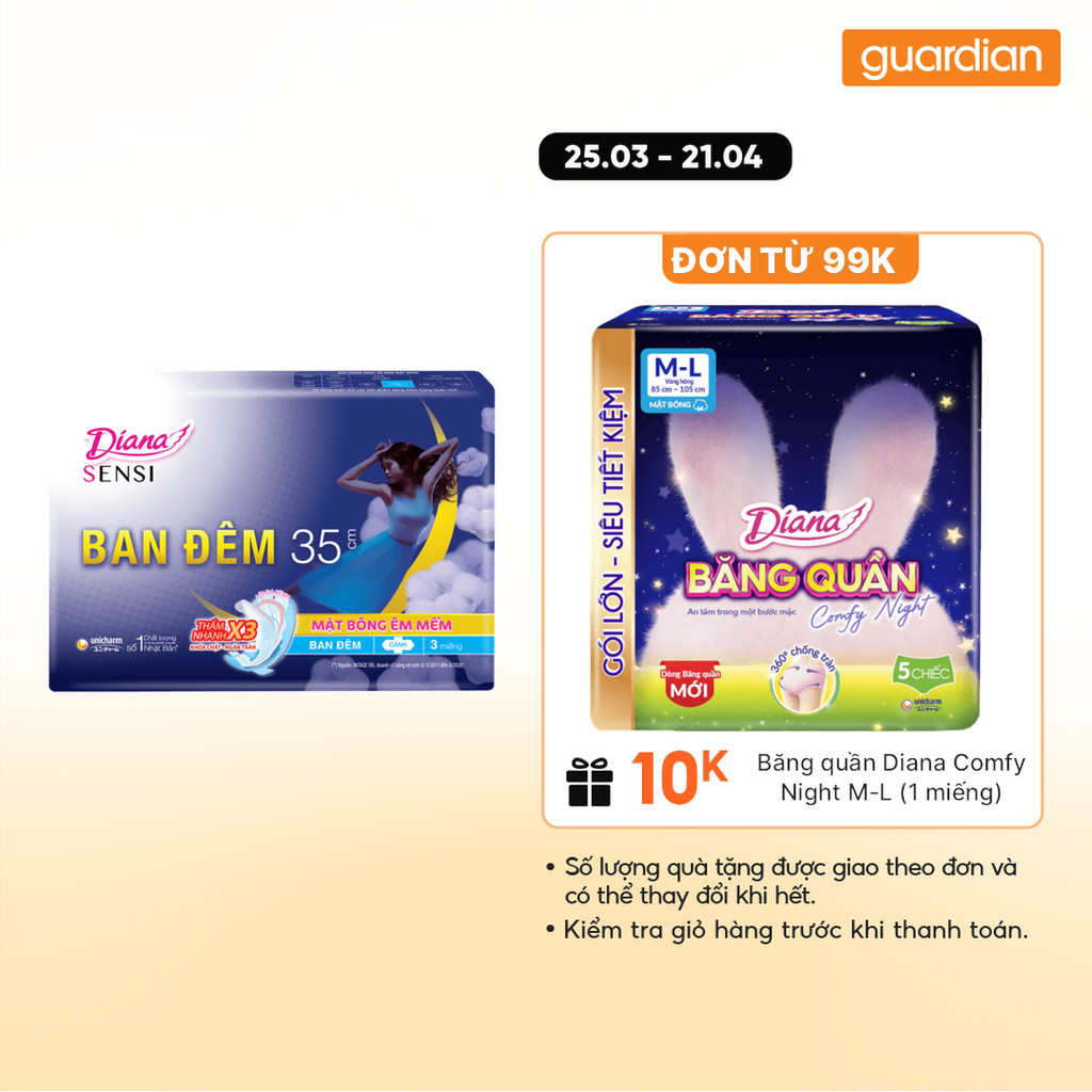 Băng Vệ Sinh Ban Đêm Sensi Night Có Cánh 35cm Diana 3 Miếng
