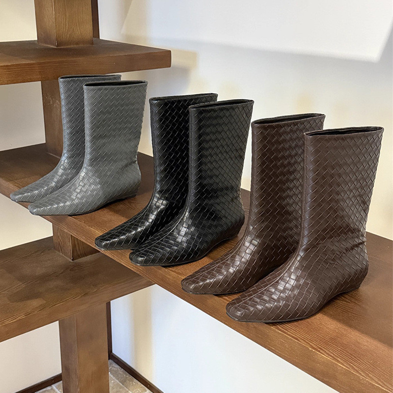 Cowhide Version~Woven plaid high boots for women, pointed toe, chunky heel, over-the-knee long boots