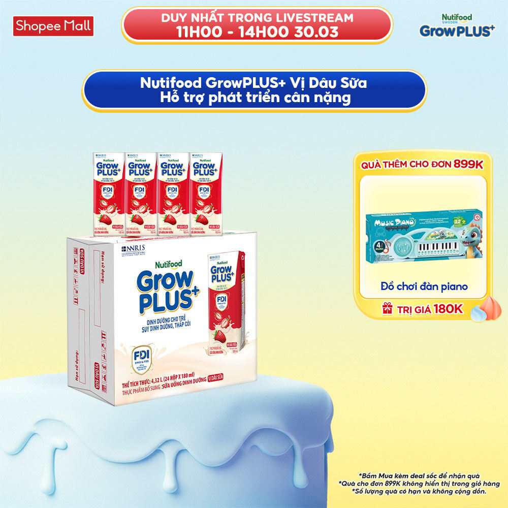 Thùng 24 hộp Sữa bột pha sẵn Nutifood GrowPLUS+ Vị Dâu Sữa hộp 180ml - Trên 1 tuổi (24 hộp x 180ml)