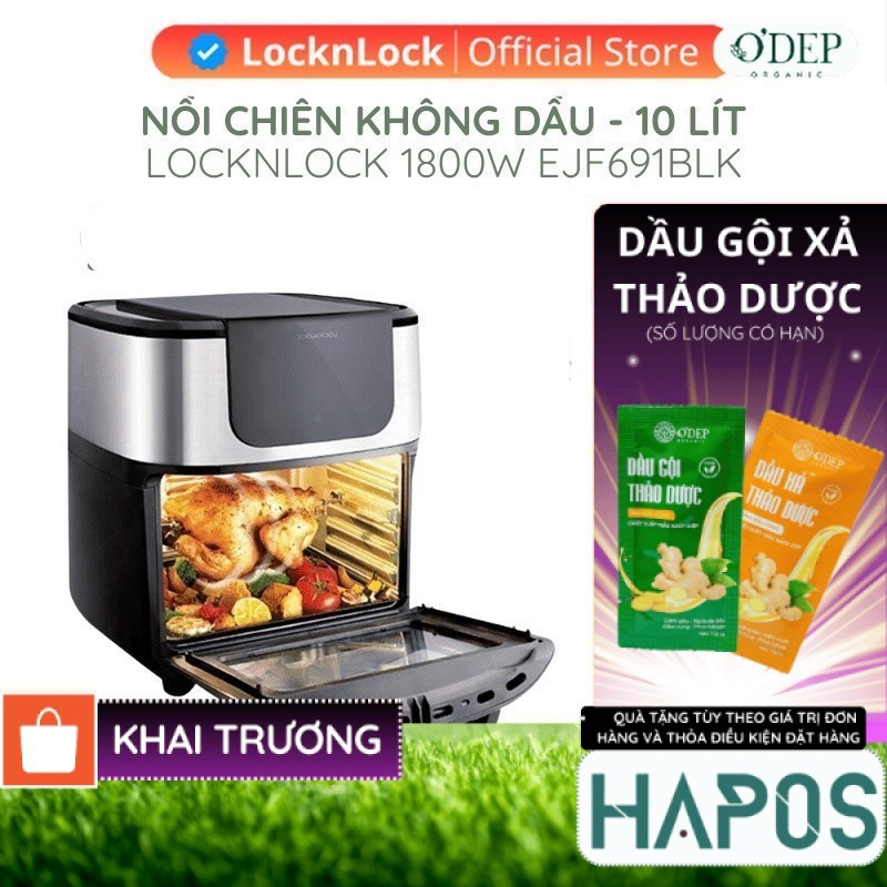 Lò nướng không khí 10 lít LocknLock Chính hãng Air Oven, Nhiều phụ kiện nấu nướng - Màu đen EJF691 -