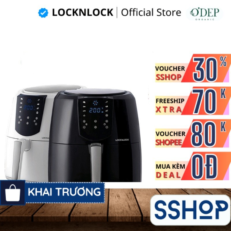 Nồi chiên không dầu điện tử 5,2L LocknLock Chính hãng, Kèm chảo nướng bánh EJF357BLK 1800W - SSHOP S