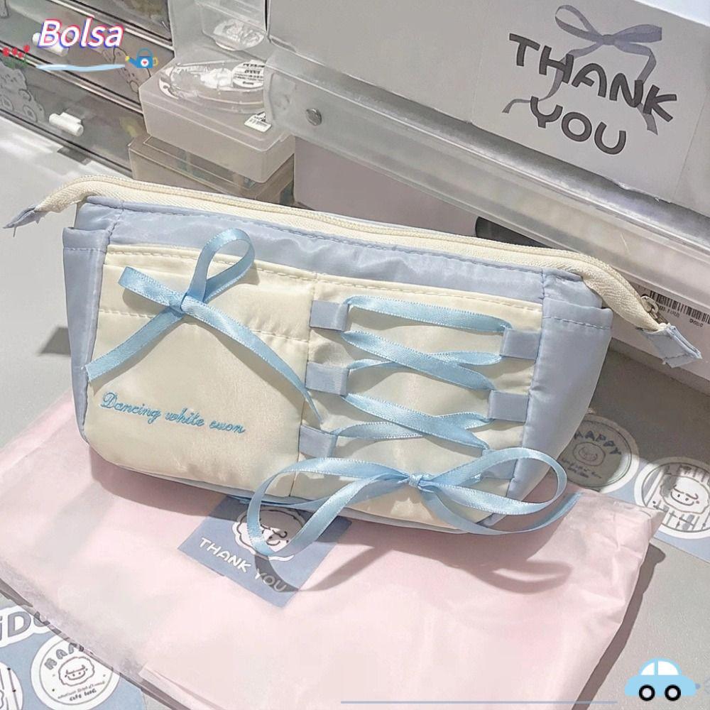 Túi đựng bút BOLSA, Nơ Ribbon Bút chì dung lượng lớn, Đa chức năng Phong cách múa ba lê xanh Tổ chức