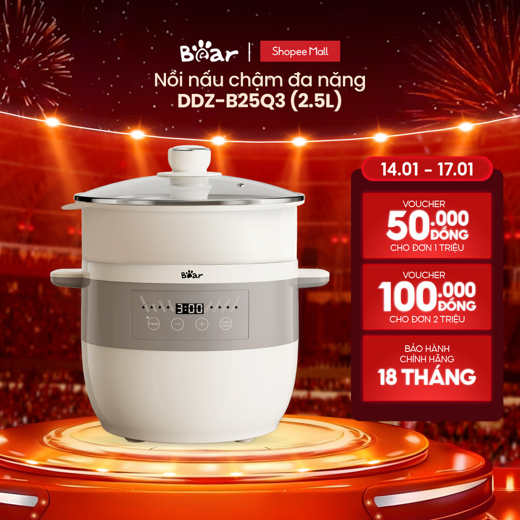 [Livestream] Nồi Nấu Chậm 2.5L Đa Năng Bear DDZ-B25Q3 (KÈM XỬNG HẤP) - Chính Hãng-Bh 18 tháng
