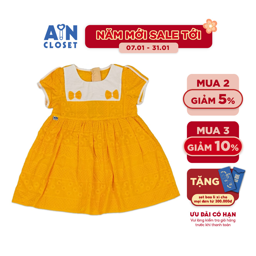 Đầm bé gái hoạ tiết Nơ Thêu Cam Cotton - AICDBGFDTOXD - AIN Closet