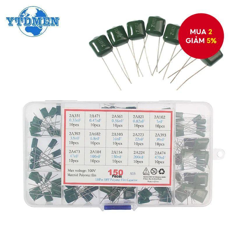 Bộ tụ điện phim Polyester 150/180/620PCS 100V 1nF 1.5nF 2.2nF 100nF 2A102J 2A471J 2A222J 2A392J 2A33