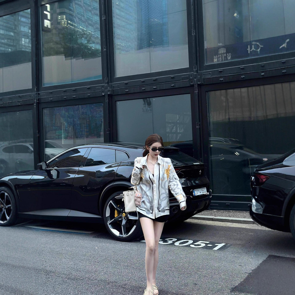 84EA Her''s 2025New Style Belted Printed Silk Short Sleeve Long Sleeve Turn-Down Collar Elegant Shir