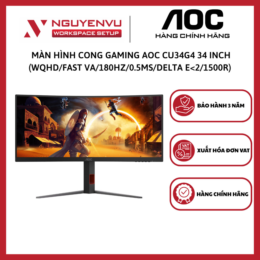 Màn Hình Cong Gaming AOC CU34G4 34 inch (WQHD/Fast VA/180HZ/0.5ms/Delta E<2/1500R) - Hàng chính hãng